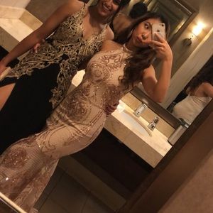 Mermaid rose gold prom dress; maxi dress